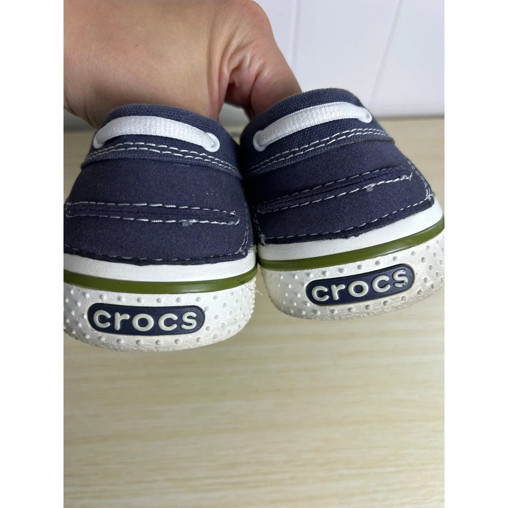 Crocs Boat Shoes Mens 12 Navy Blue Tropical Floral Canvas Hover Lace Up nautical